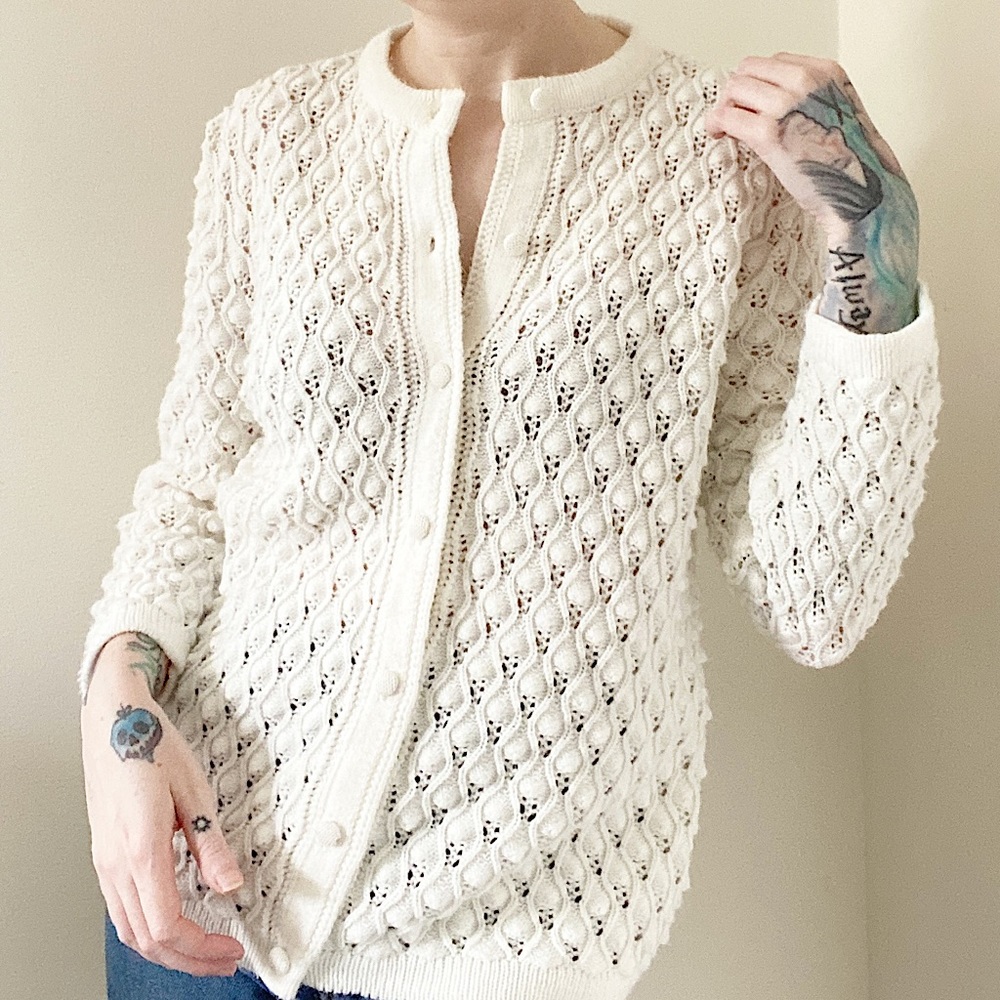 60s Vintage Handmade Ivory Bobble Knit Cardigan